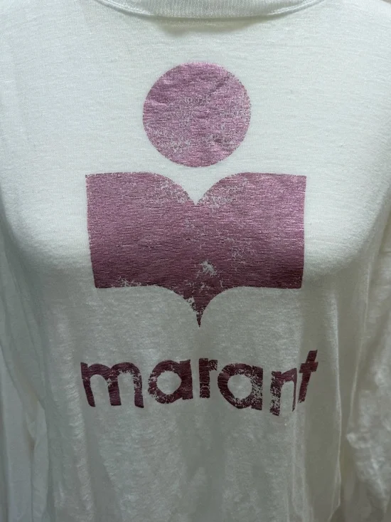 Isabel Marant Etoile White w Pink Logo Linen Slub Crew Neck Klowia Top Sz. M - Picture 4 of 7
